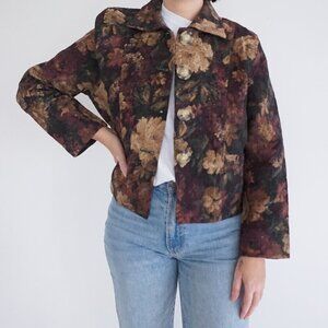Vintage Jump Maroon Black Floral Tapestry Cropped Button Up Boho Jacket M